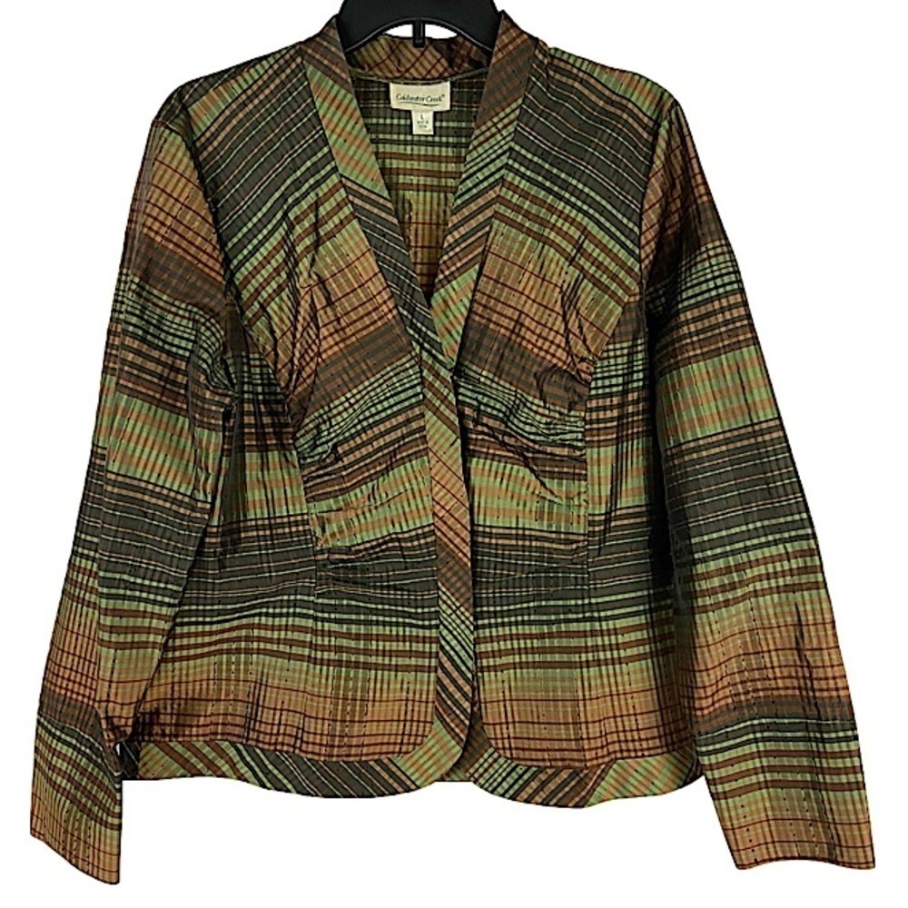 Coldwater Creek Plaid Jewel Tones Silk Blend Zip Front Jacket Size Large NWOT